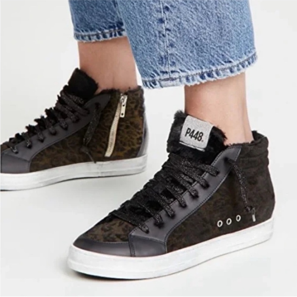 P448 black leopard print suede skater sneaker trimmed black leather faux fur